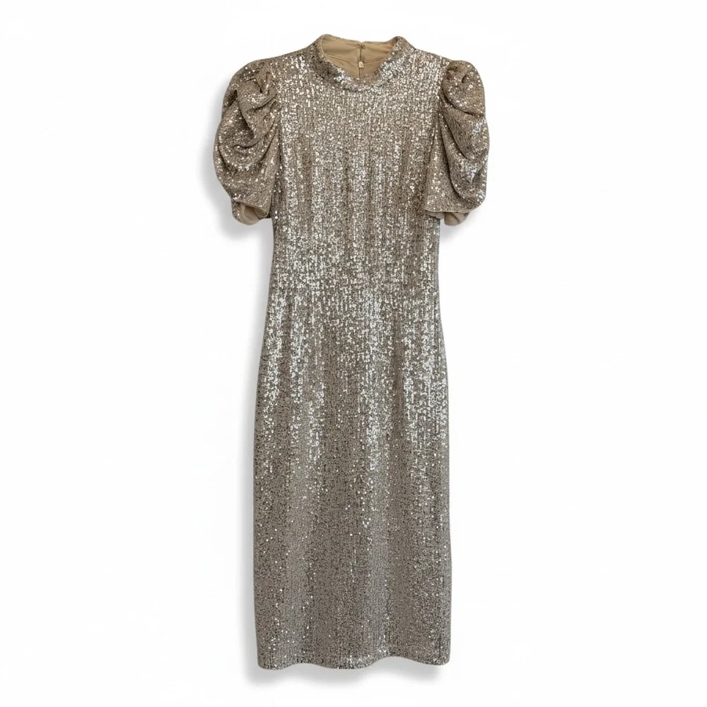 H&M Gold Sequin Midi Dress XS Stretch Puff Sleeve Party Cocktail Glam - Picture 11 of 12